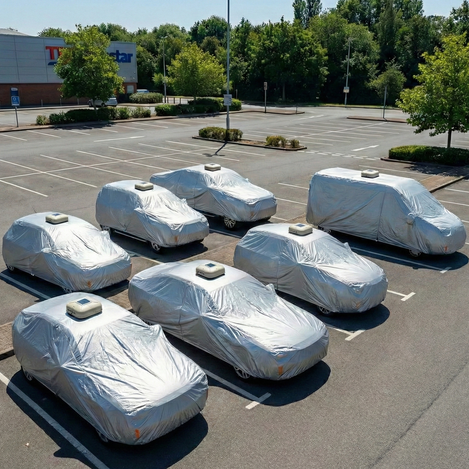 Multiple cars covered with white car covers in a parking lot.
